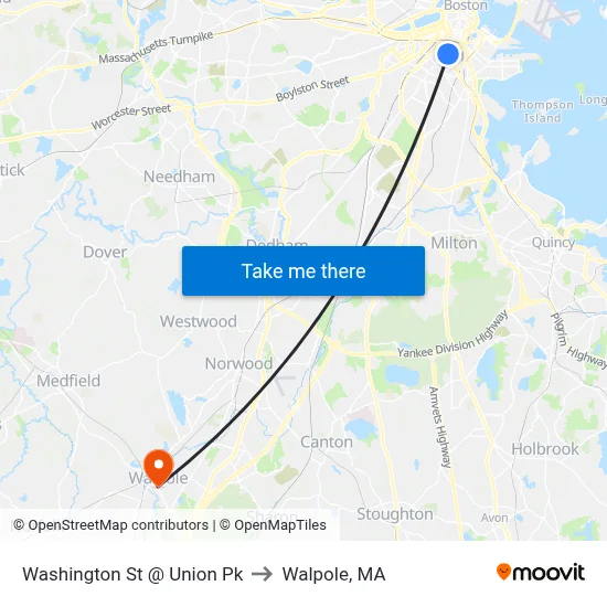 Washington St @ Union Pk to Walpole, MA map
