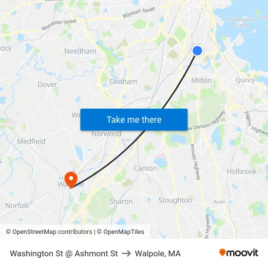 Washington St @ Ashmont St to Walpole, MA map