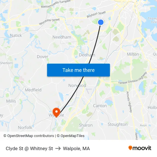 Clyde St @ Whitney St to Walpole, MA map