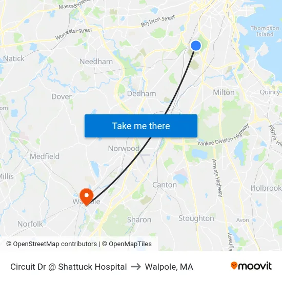 Circuit Dr @ Shattuck Hospital to Walpole, MA map