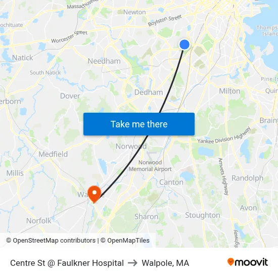 Centre St @ Faulkner Hospital to Walpole, MA map