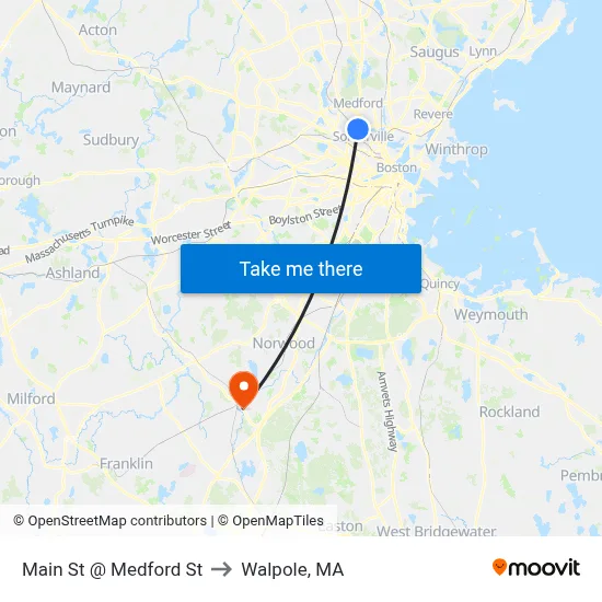 Main St @ Medford St to Walpole, MA map