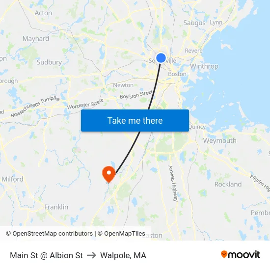 Main St @ Albion St to Walpole, MA map