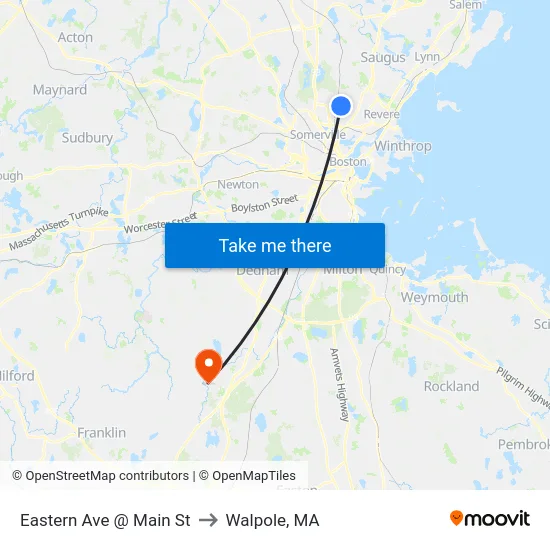 Eastern Ave @ Main St to Walpole, MA map