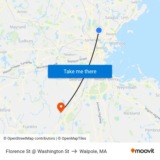 Florence St @ Washington St to Walpole, MA map