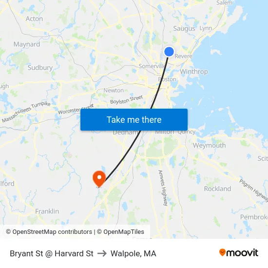 Bryant St @ Harvard St to Walpole, MA map