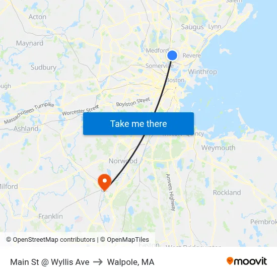 Main St @ Wyllis Ave to Walpole, MA map