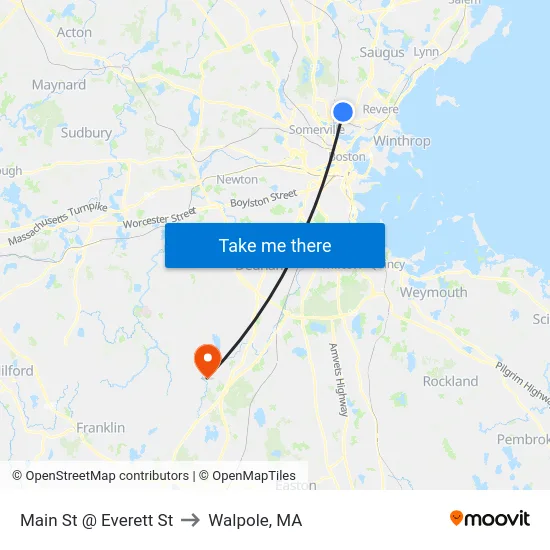 Main St @ Everett St to Walpole, MA map