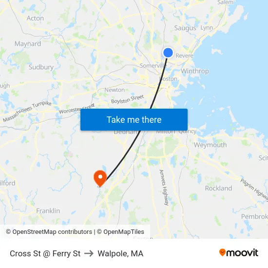 Cross St @ Ferry St to Walpole, MA map
