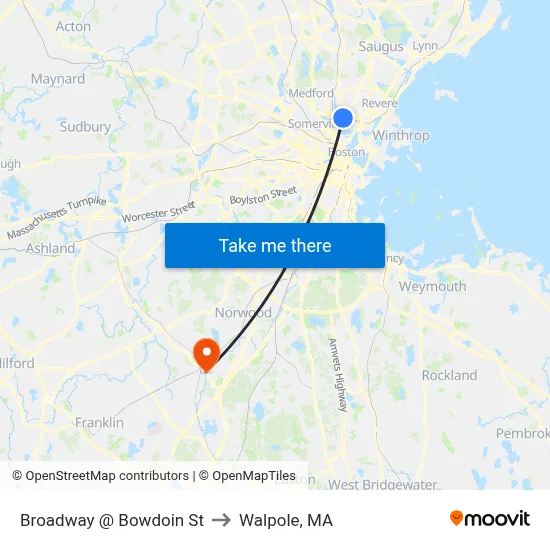 Broadway @ Bowdoin St to Walpole, MA map