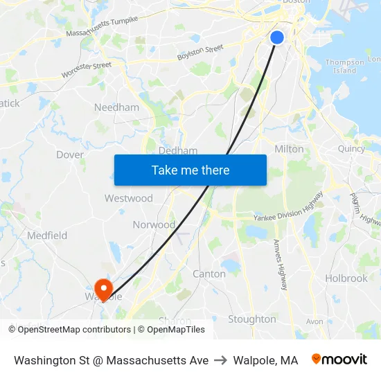 Washington St @ Massachusetts Ave to Walpole, MA map