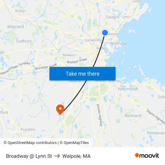 Broadway @ Lynn St to Walpole, MA map