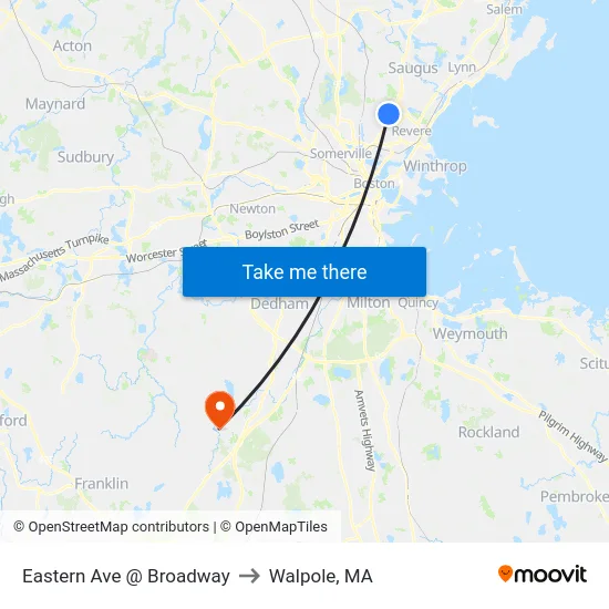 Eastern Ave @ Broadway to Walpole, MA map