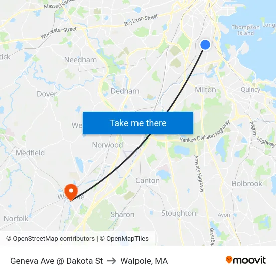 Geneva Ave @ Dakota St to Walpole, MA map