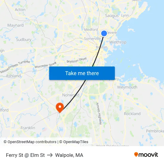 Ferry St @ Elm St to Walpole, MA map