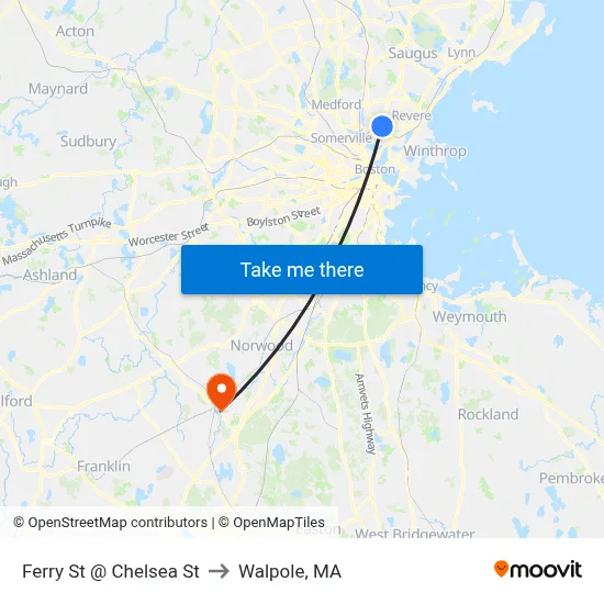 Ferry St @ Chelsea St to Walpole, MA map