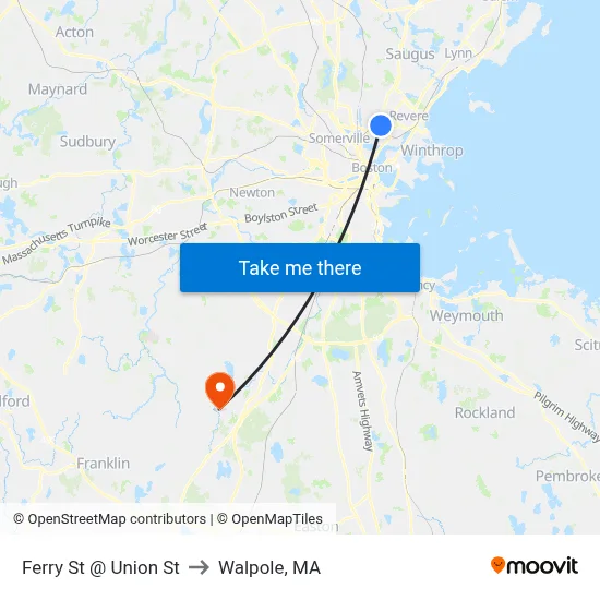 Ferry St @ Union St to Walpole, MA map