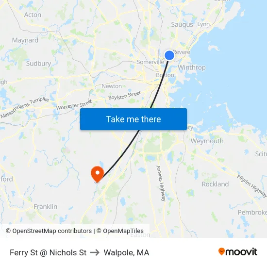 Ferry St @ Nichols St to Walpole, MA map