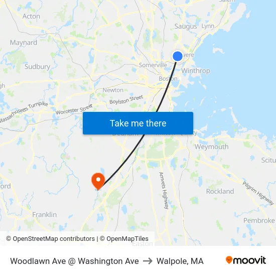 Woodlawn Ave @ Washington Ave to Walpole, MA map