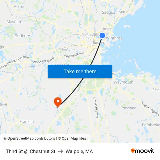 Third St @ Chestnut St to Walpole, MA map