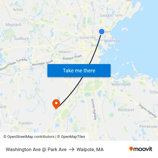 Washington Ave @ Park Ave to Walpole, MA map