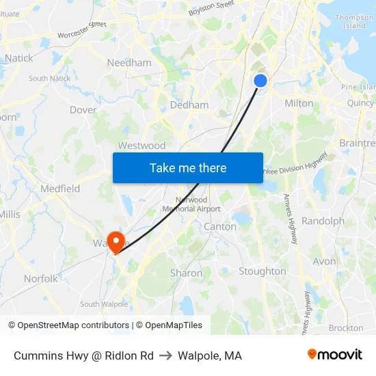 Cummins Hwy @ Ridlon Rd to Walpole, MA map