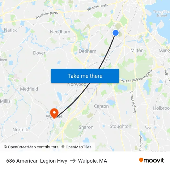 686 American Legion Hwy to Walpole, MA map