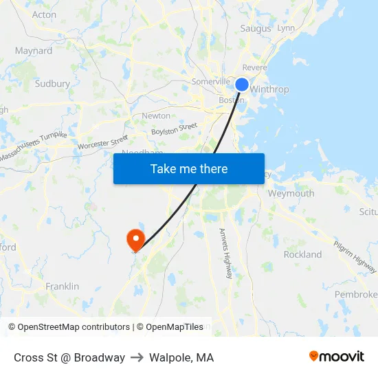 Cross St @ Broadway to Walpole, MA map