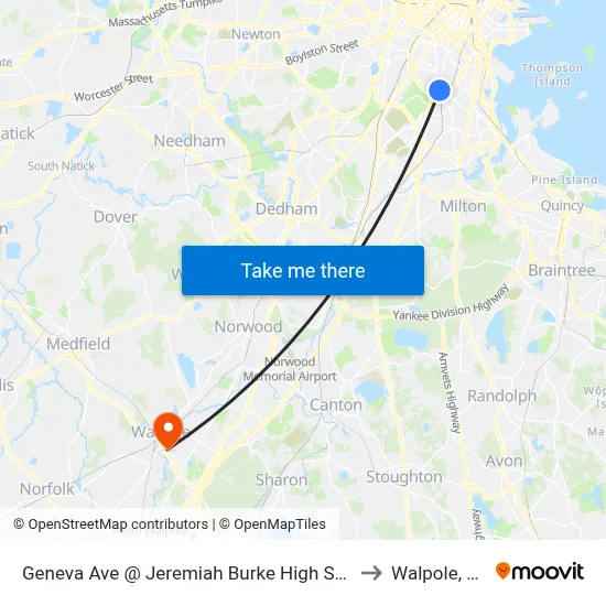 Geneva Ave @ Jeremiah Burke High School to Walpole, MA map