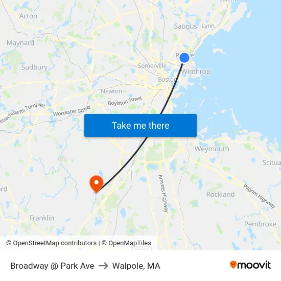 Broadway @ Park Ave to Walpole, MA map