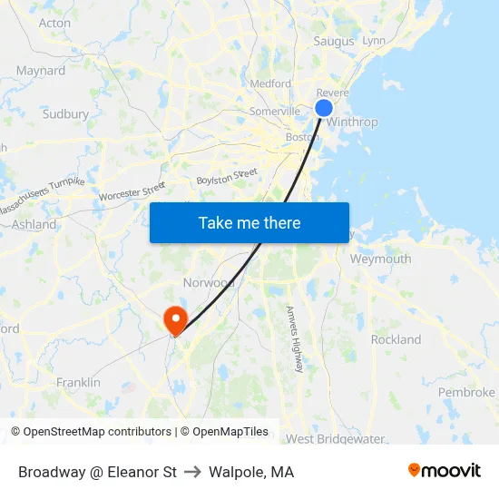Broadway @ Eleanor St to Walpole, MA map