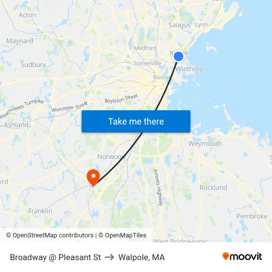 Broadway @ Pleasant St to Walpole, MA map