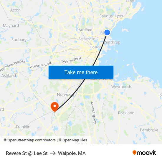 Revere St @ Lee St to Walpole, MA map