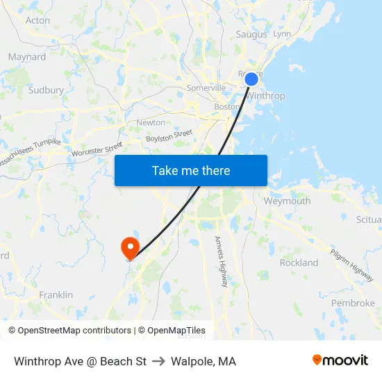 Winthrop Ave @ Beach St to Walpole, MA map