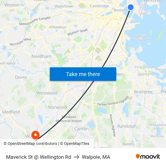 Maverick St @ Wellington Rd to Walpole, MA map