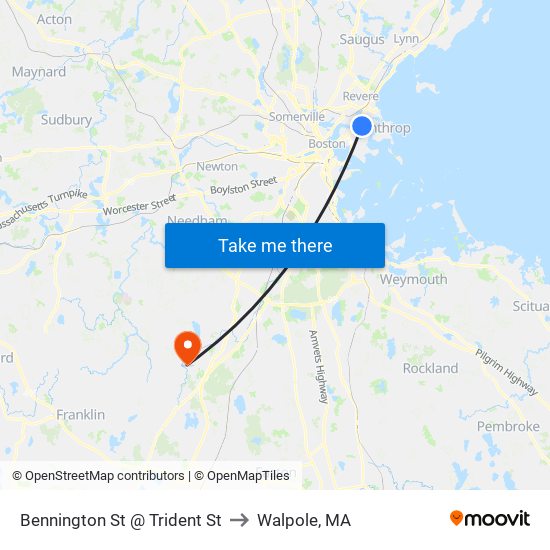 Bennington St @ Trident St to Walpole, MA map