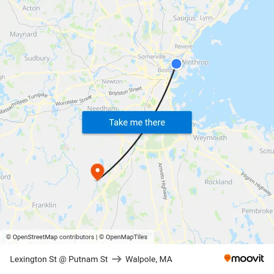 Lexington St @ Putnam St to Walpole, MA map