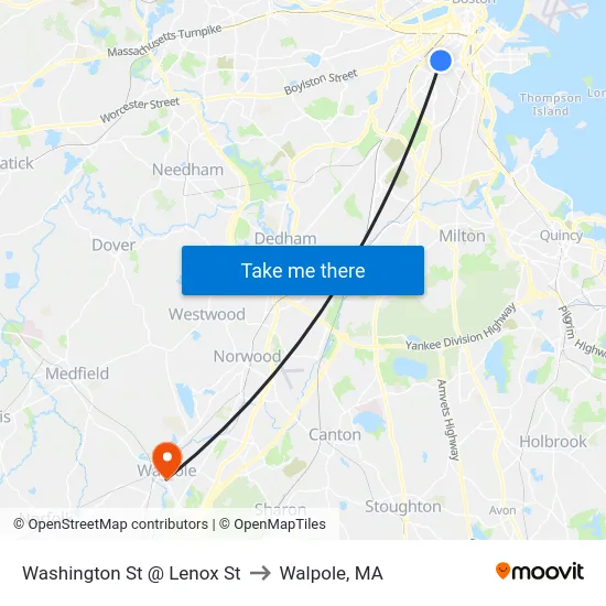Washington St @ Lenox St to Walpole, MA map