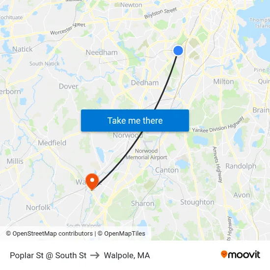 Poplar St @ South St to Walpole, MA map