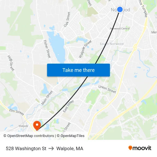 528 Washington St to Walpole, MA map