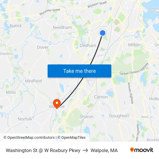 Washington St @ W Roxbury Pkwy to Walpole, MA map