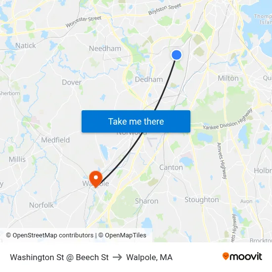 Washington St @ Beech St to Walpole, MA map