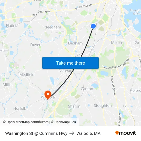 Washington St @ Cummins Hwy to Walpole, MA map
