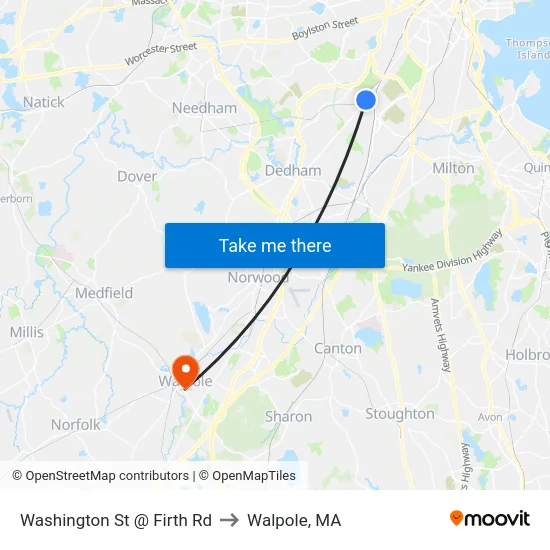 Washington St @ Firth Rd to Walpole, MA map
