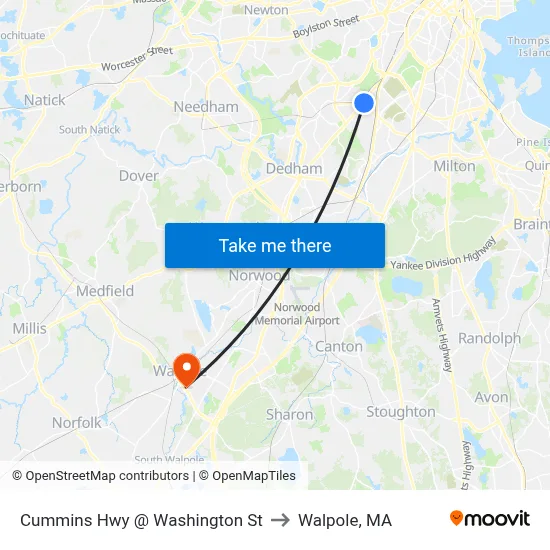 Cummins Hwy @ Washington St to Walpole, MA map