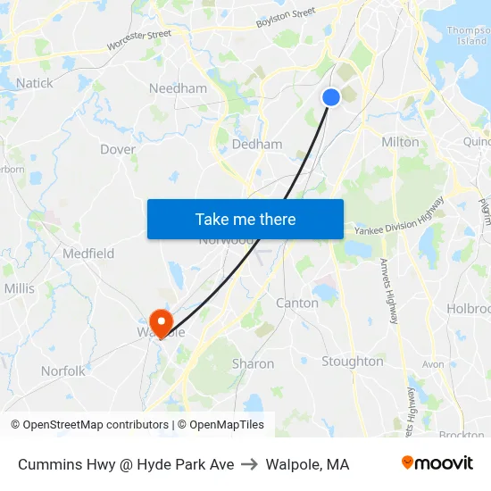 Cummins Hwy @ Hyde Park Ave to Walpole, MA map