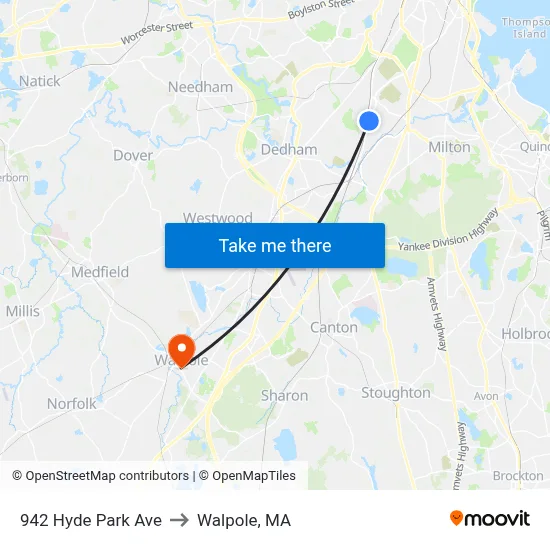 942 Hyde Park Ave to Walpole, MA map
