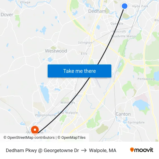 Dedham Pkwy @ Georgetowne Dr to Walpole, MA map