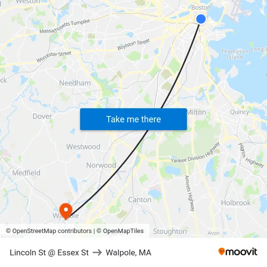 Lincoln St @ Essex St to Walpole, MA map