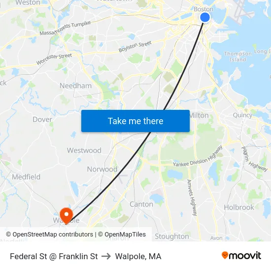 Federal St @ Franklin St to Walpole, MA map